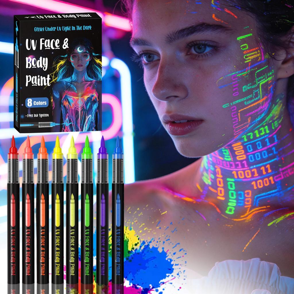 Direct Liquid Paint Pens Human Body Fluorescent Paint Pen Set 8 Colors Party DIY Paint Pens,8ml