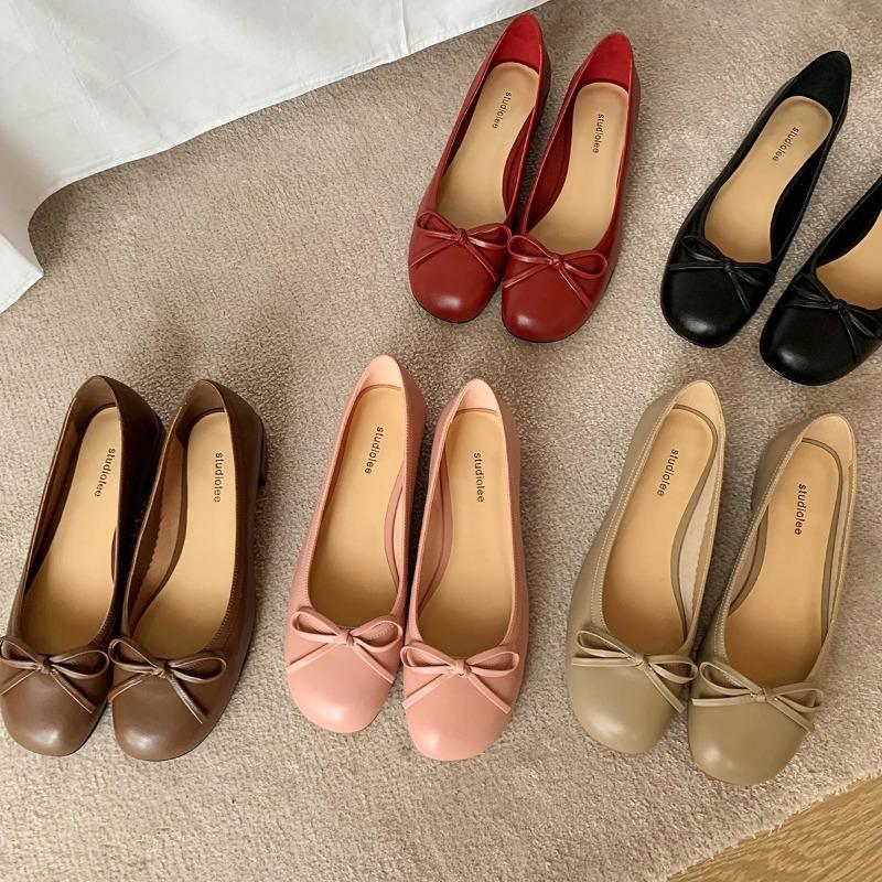 Sheepskin version single shoes women's round head light mouth bow leather shoes versatile thick heel commuter ballet shoes