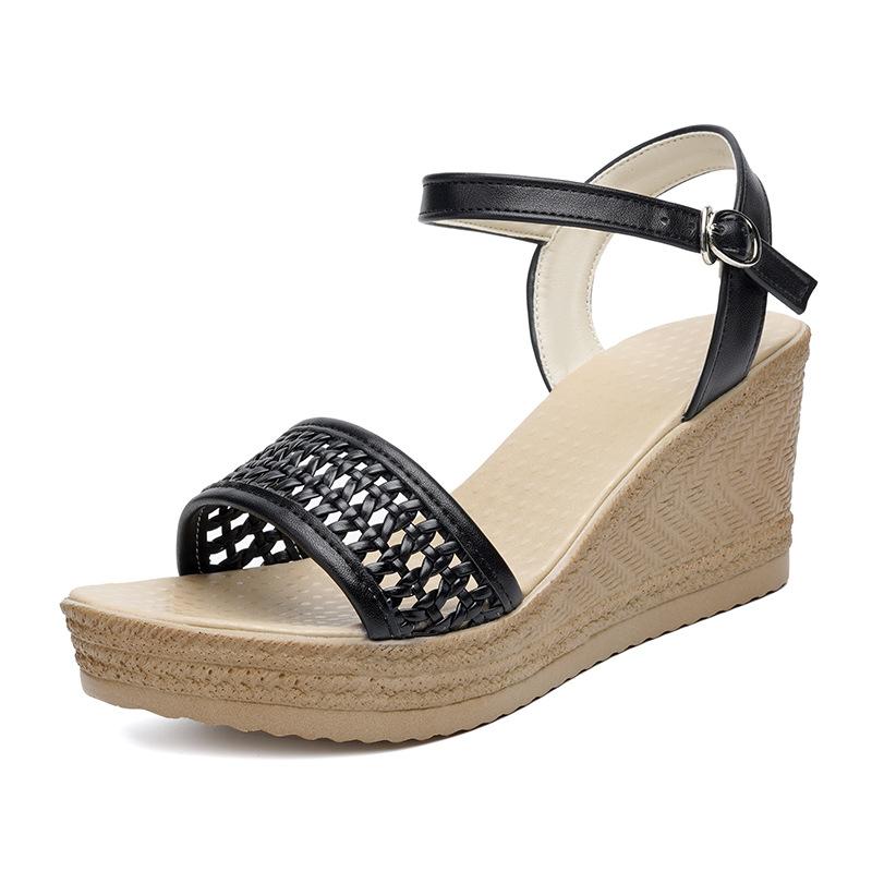 

7.5cm All Match Comfortable Cutout Knit Soft Leather Shoes Platform Wedges Sandals 2025 Summer Med Block Heels Sandals Office 34 чорний