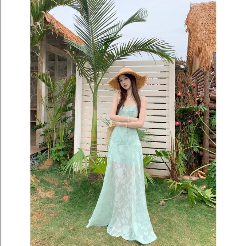 French Mint Green Lace Suspender Dress, New Summer Style, Elegant Waist-Cinching, Slimming, Seaside Resort Style A-Line Dress