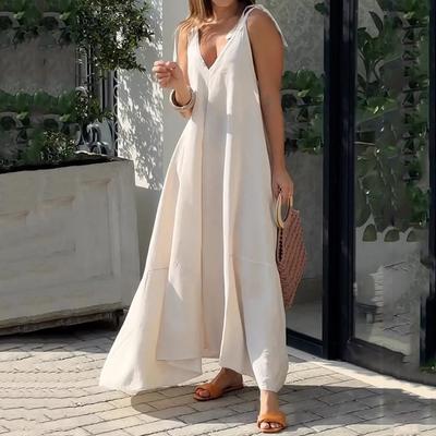 European American Maxi Dress Summer Casual Solid Sleeveless V Neck Lace Up Loose Holiday Beach Dress