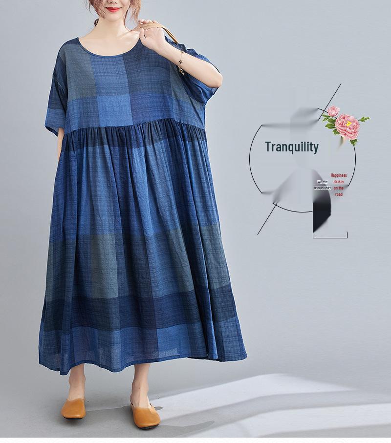 2023 Spring/Summer Plus Size Women's Cotton Linen Print Midi Dress - Short Sleeve