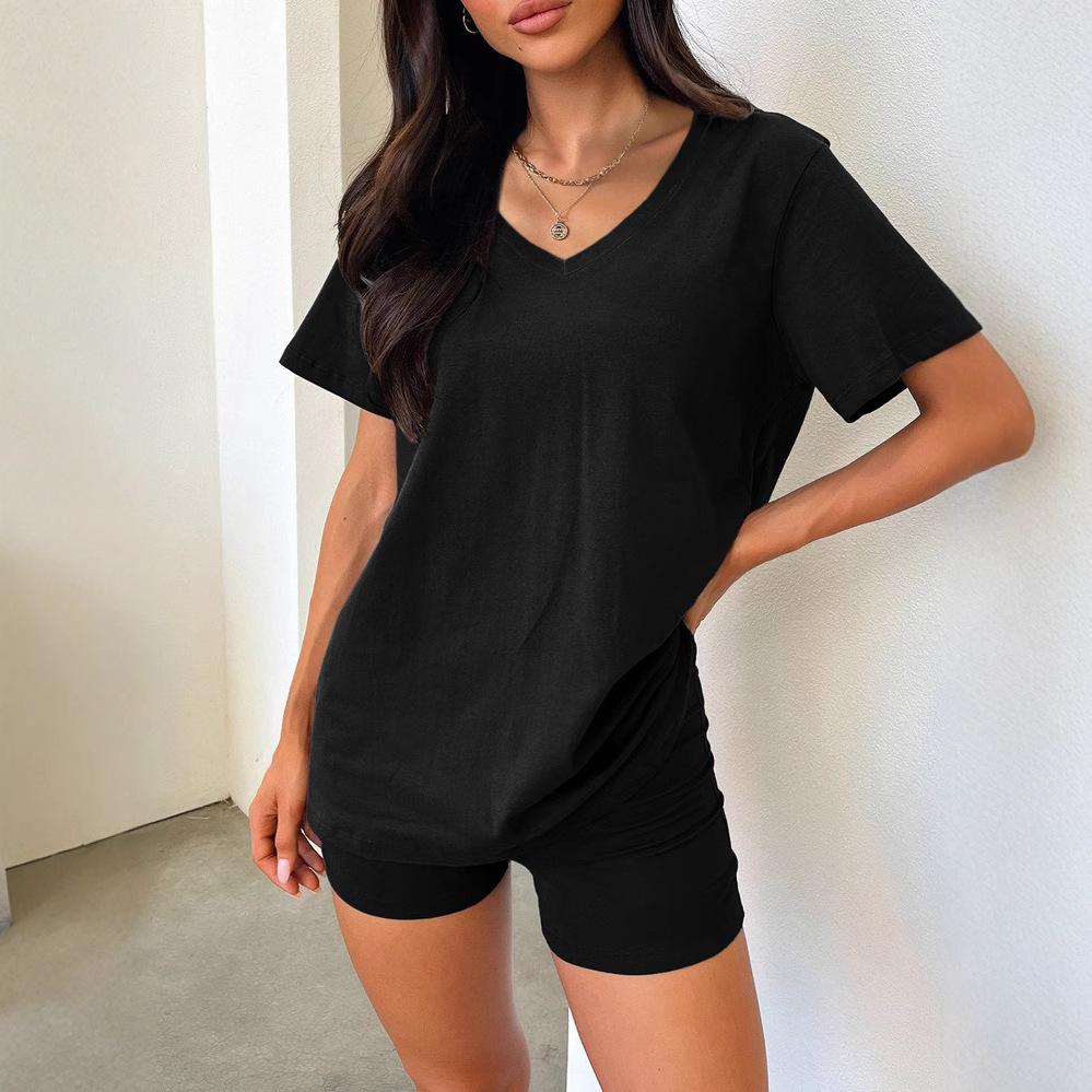 Women's Sets Short-sleeved V-neck T-shirt Sexy Shorts Casual Solid Color 2-piece Set Clothes Sale