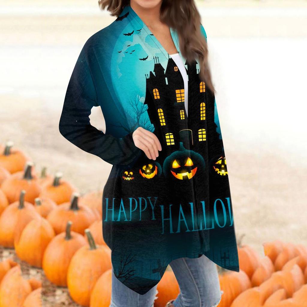 Moda damska Casual Halloweenowy nadruk średniej długości kardiganowy płaszcz