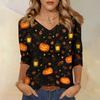 Women's Casual V-Neck 3/4 Sleeve Top with Halloween Print for Holiday Party and Daily Wear