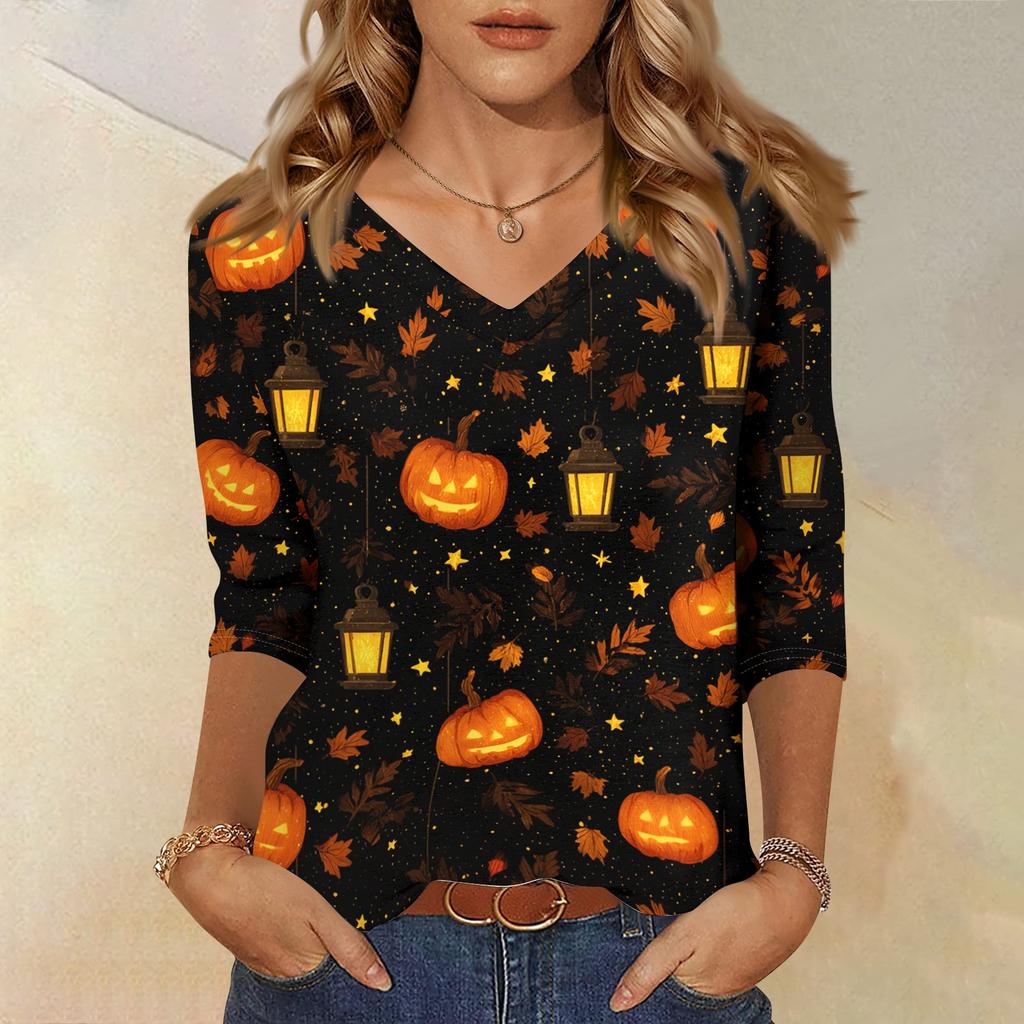 Women's Casual V-Neck 3/4 Sleeve Top with Halloween Print for Holiday Party and Daily Wear