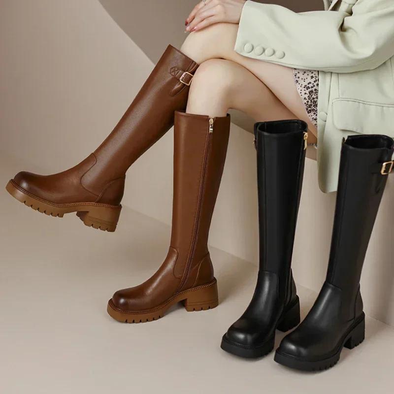 Women's Shoes on Sale 2024 High Quality Side Zipper Women's Boots Winter Round Toe Solid High Tube Chunky Heels Boots