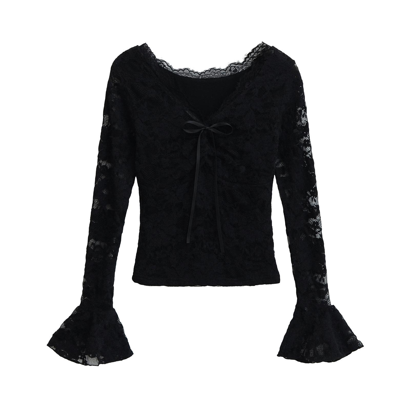 

Весна 2025 Ретро Кружевной Воротник Приталенный Крой Женская Футболка Small чёрный