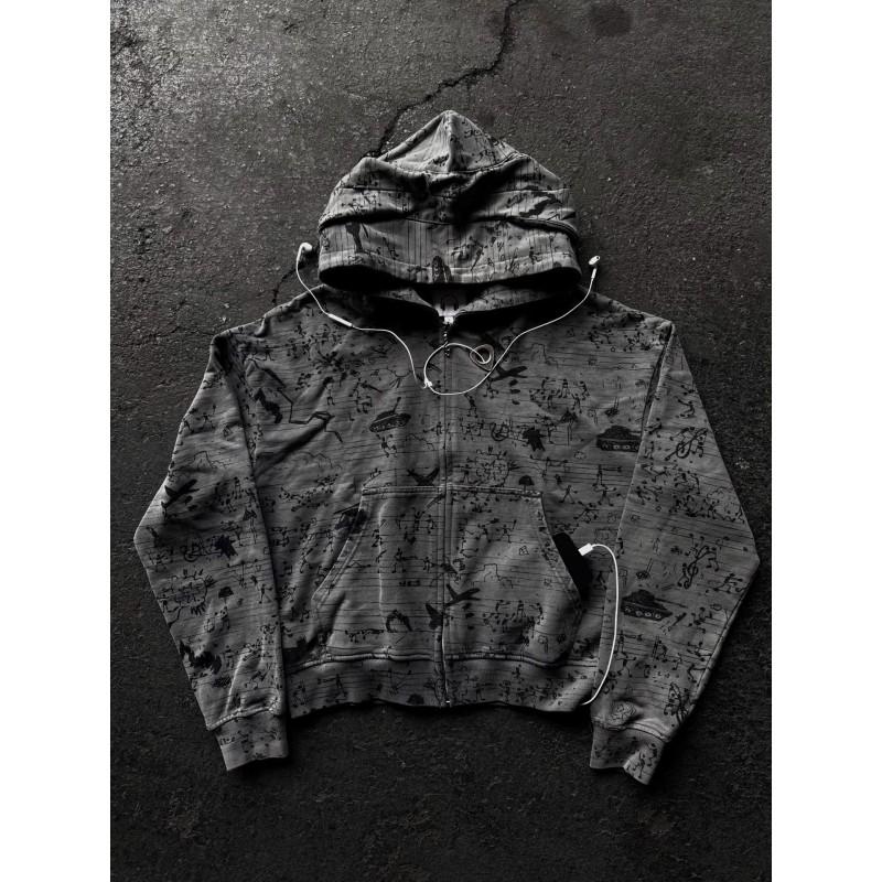 Y2K Hip Hop Hoodie With Zipper Front Print Design Long Sleeve Streetwear Teens Young Adults