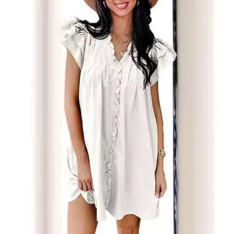 Fashion V-neck Ruffled Short-sleeved Dress Summer Solid Color Loose Shift Dress