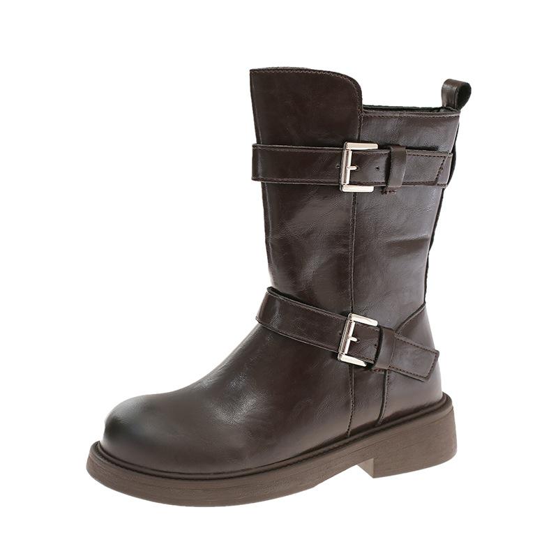 Vintage Knight Martin Boots Women's 2025 Pleated Pile Boots European and American Thick Heel Round Head Double Belt Buckle Locomotive Boots