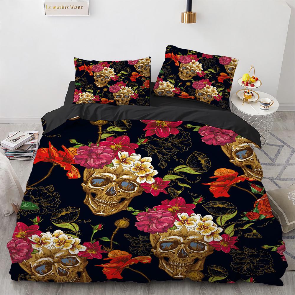 Schädel Blumen Muster Bettbezug Set Halloween Geschenk Polyester Bettwäsche Set King Queen Full Size Bettdeckenbezug mit Kissenbezug
