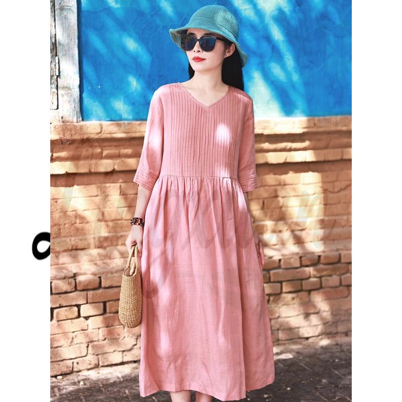 2026 Summer Cotton Linen V-Neck Women s Artistic Long Dress XL