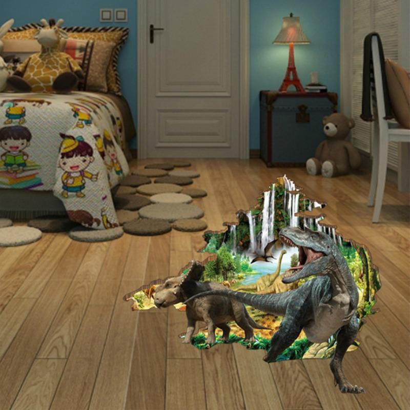 3D Broken Wall Dinosaur Animals Floor Wall Stickers for Living Rooms Children's Play Room Bathroom Home Decoration Wall Art Decals