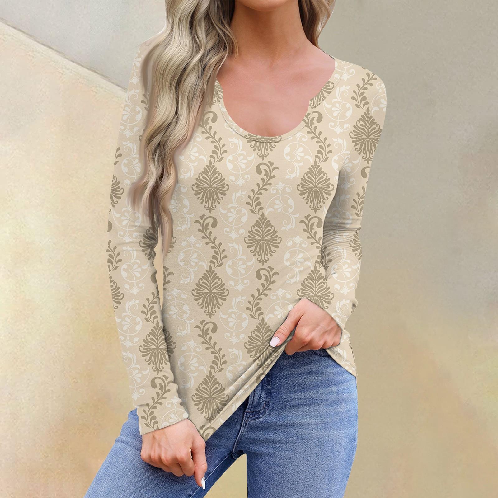 

Женская повседневная модная удобная рубашка с длинным рукавом и U-образным вырезом с цветочным принтом, футболка, топы S