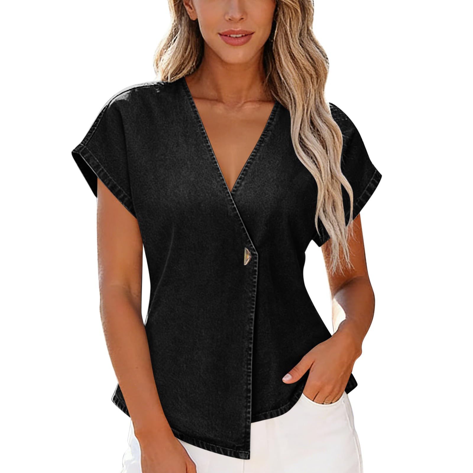 

Womens Denim Shirts Sleeve Button Tops V Neck Asymmetrical Jean Blouse L чёрный