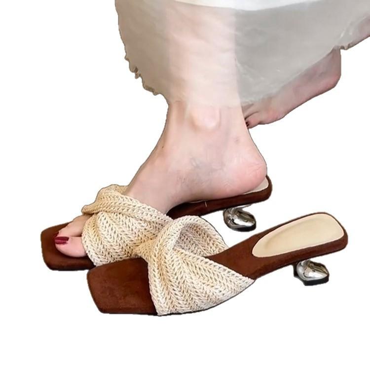 Sheepskin version~ Retro woven wedge heel Roman sandals women's design sense vacation style square head open-toed beach cool slippers