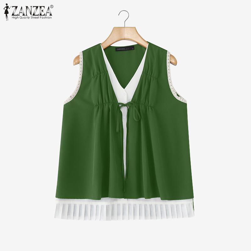 

ZANZEA Women V Neck Sleeveless Fake Two-piece Buttons Up Pleated Casual Tank Tops 5XL зелёный