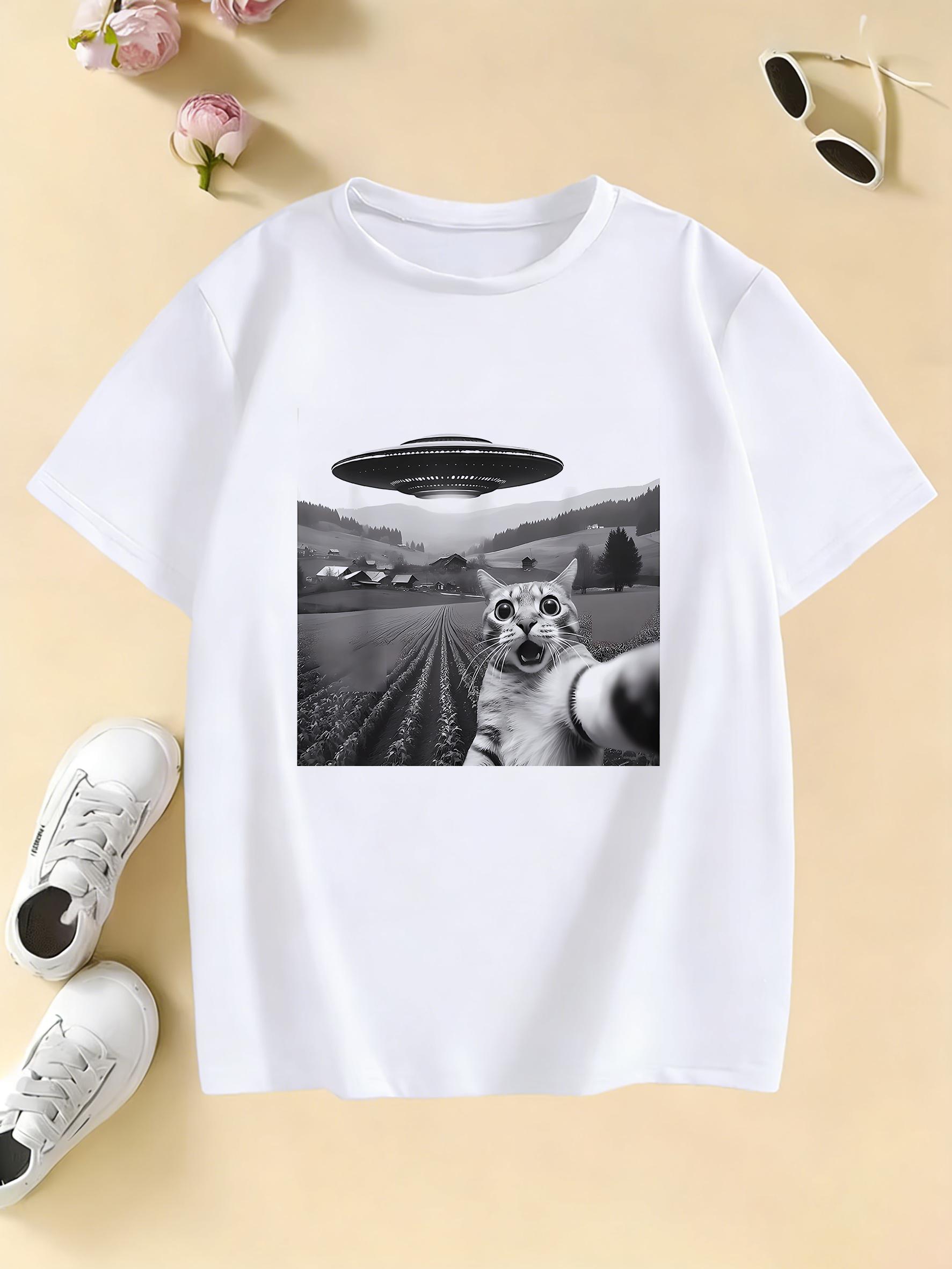 

2026 Funny Casual Ufo Cat Kawaii Design Print T Shirts Kids Childrens Tshirt Anime Boys Girls Summer Spring Casual Top Tee 4XL