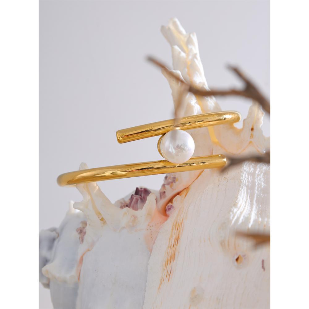 Yhpup 316L Stainless Steel Pearl Double Layer Cuff Bracelet Bangle Stylish Unique Design Elegant Wrist Jewellery Gift