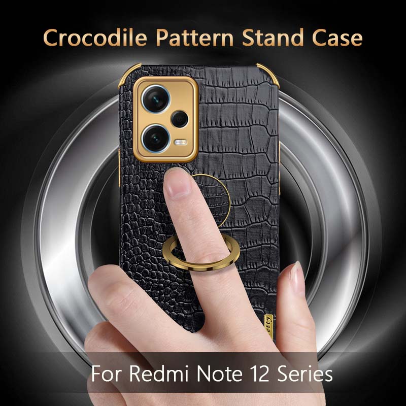 Crocodile Leather Texture Plating Soft Case for Redmi Note 12 Pro Plus 12s Note 12 4G 5G 12C 11S 11 Pro Magnetic Ring Holder Stand Cover