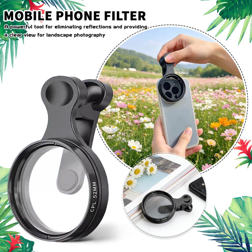 52mm Clip-On Circular Polarizer CPL Lens Filter for Mobile Phone Camera Compatible with Various Smartphones and Compact Devices