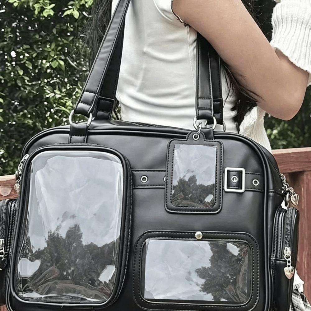 Large Capacity Transparent Ita Bag PU Leather Harajuku Shoulder Bag Preppy Style Handbag Daily Use