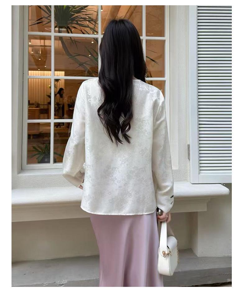 Silk Blend Jacquard Round Neck Hollow Out Slimming Top for Women - 2026 Spring Long Sleeve