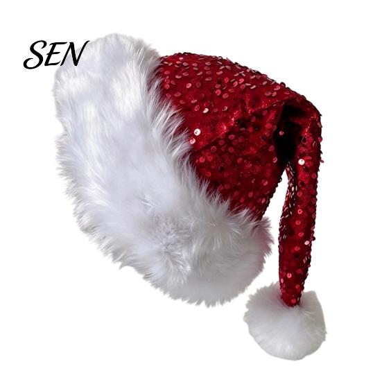 Santa Hat Christmas Sparkly for Women Men, Glitter Sequin with White Fluffy Trim Festive Costume Accessories Cosplay And Pom Pom, Holiday Party Bling