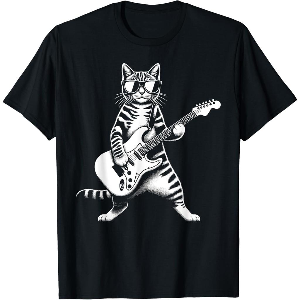 Rocking Guitar Cat Graphic Tee Funny Musician Print Casual Round Neck T-Shirt for Men