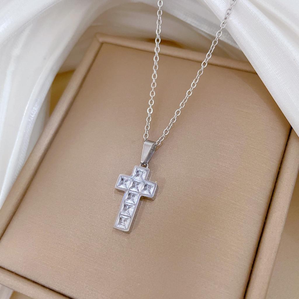 All Stainless Steel Luxury Shiny Zircon Cross Pendant Necklaces for Women Men Trendy Collar Accessories Jewelry Gifts for Friend