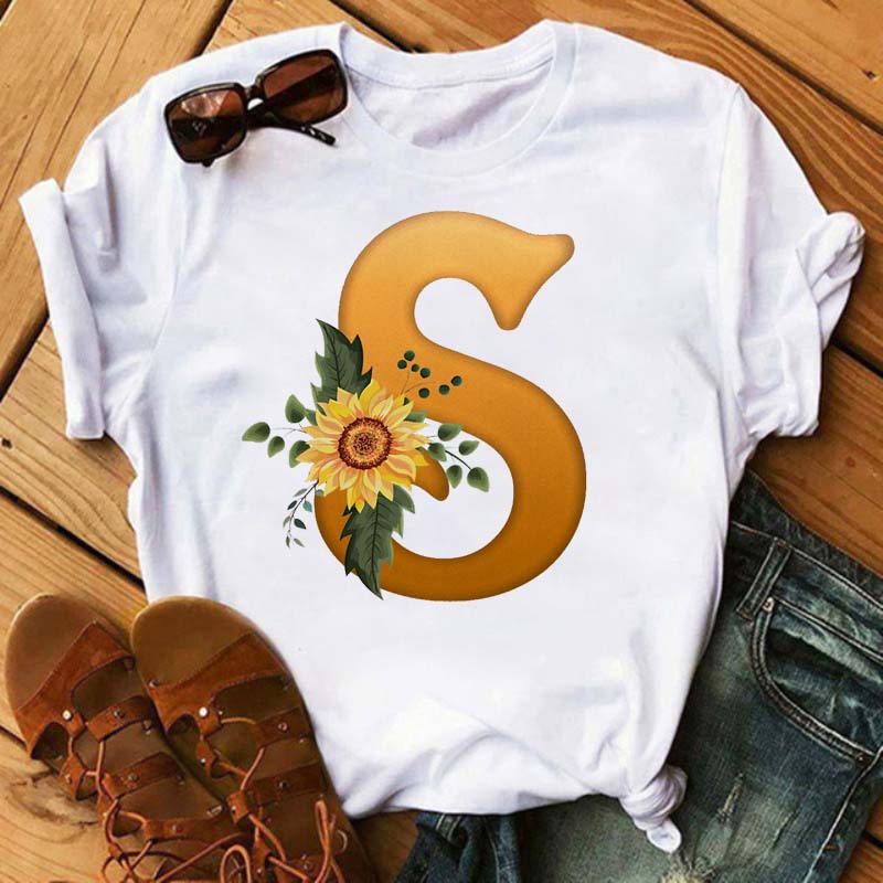 Maycaur Women's T Shirt Custom Name Letter Combination Print Tshirt Sunflower Letter Font A B C D E F G Short Sleeve Ladies Tops