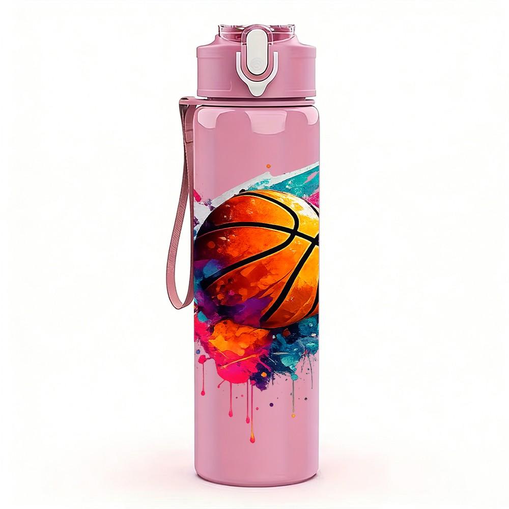 1PC Basketball Fire Splash Sport Print 750ml Color Plastic Sports Water Bottle Leakproof Flip Straw Lid Suitable for Sports Office Home Use