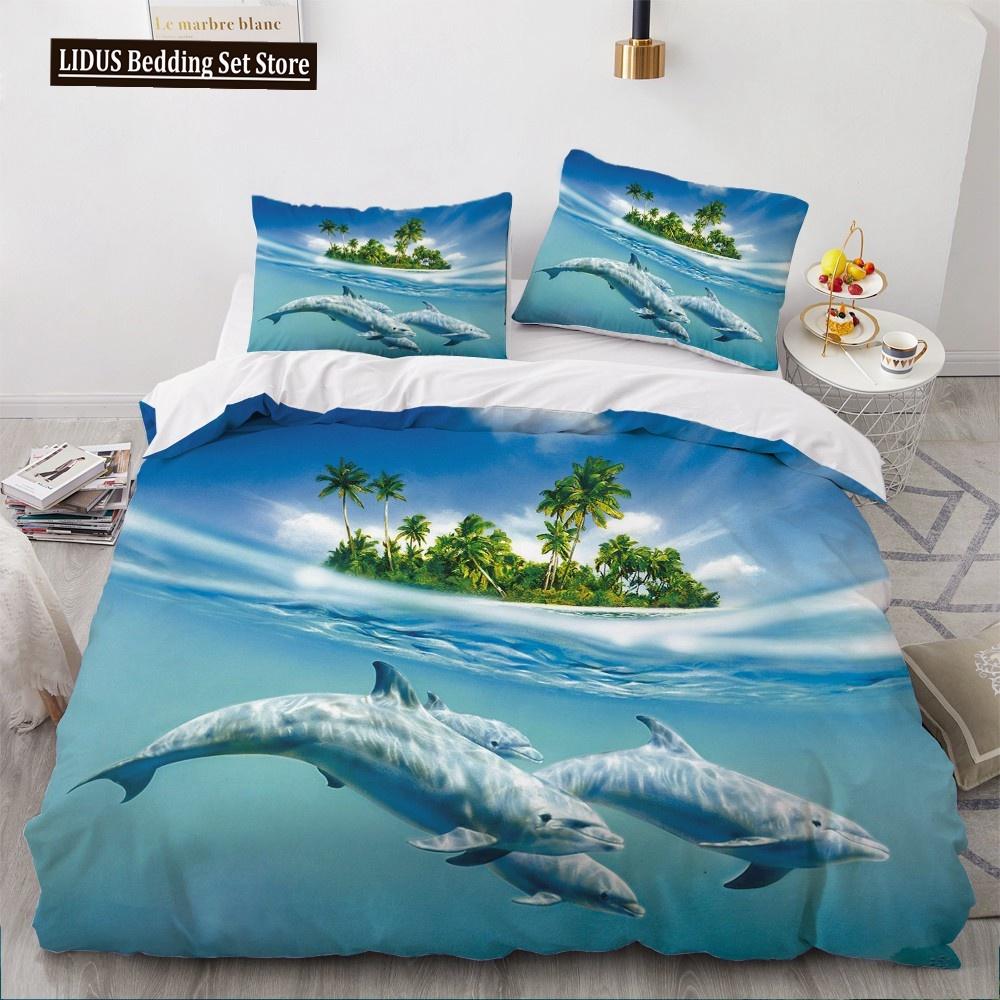 Set Biancheria da Letto 3D alla Moda Delfino Blu del Mare Set Copripiumino Federa Carina Lusso Tessile per la Casa Dimensioni Queen Full 140X200