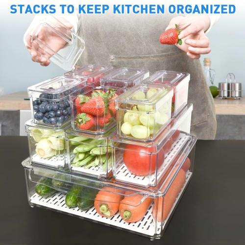 Pomeat Refrigerator Organizer, Stackable Refrigerator Bins with Lids, BPA-Free Fruit Storage Containers for Food, Beverages, and Vegetables, Clear