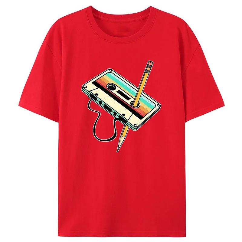 Men Short Sleeve Cassette Tape Pencil 1980s Retro Vintage Throwback Music T-Shirt Women Clothing Vintage T Shirt Camisetas