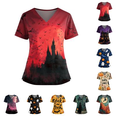 Halloween Print V Neck Short Sleeve Nurse Scrub Top with Dual Pockets and Side Slits Medical Uniform Shirt for Healthcare Professionals