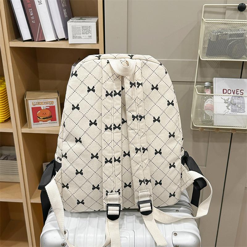 Corduroy Backpack Large Capacity Bow Print Backpack Student Schoolbag