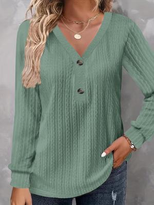 T-shirt décontracté pour femme à boutons, manches longues, couleur unie, col en V