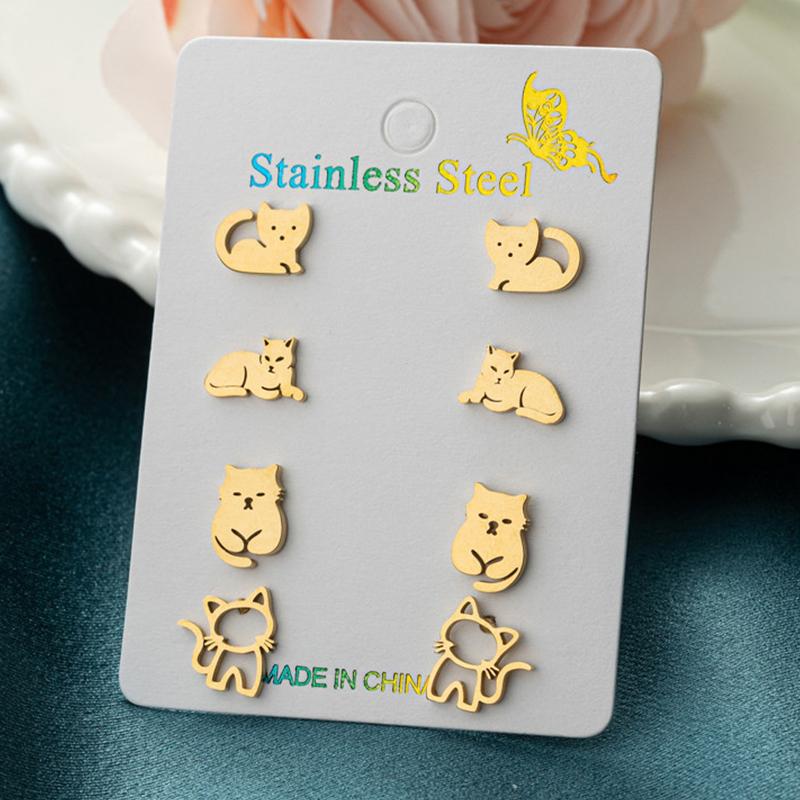 4Pairs/Lot Fashion Stainless Steel Star Moon Stud Earrings Sets for Women Small Flower Porker Dog Earings Jewelry Gift