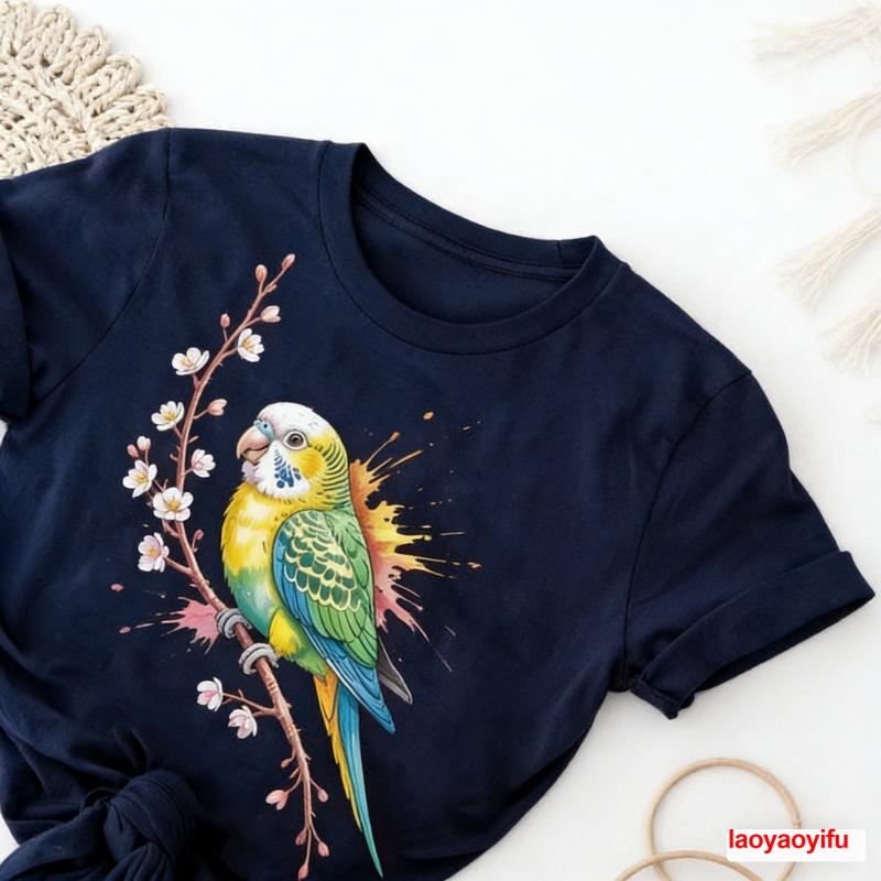 Watercolor Budgie Graphic TShirt Colorful Parrot Art Bird Lover Gift High Quality Cotton Crewneck Casual Regular Short Sleeve S