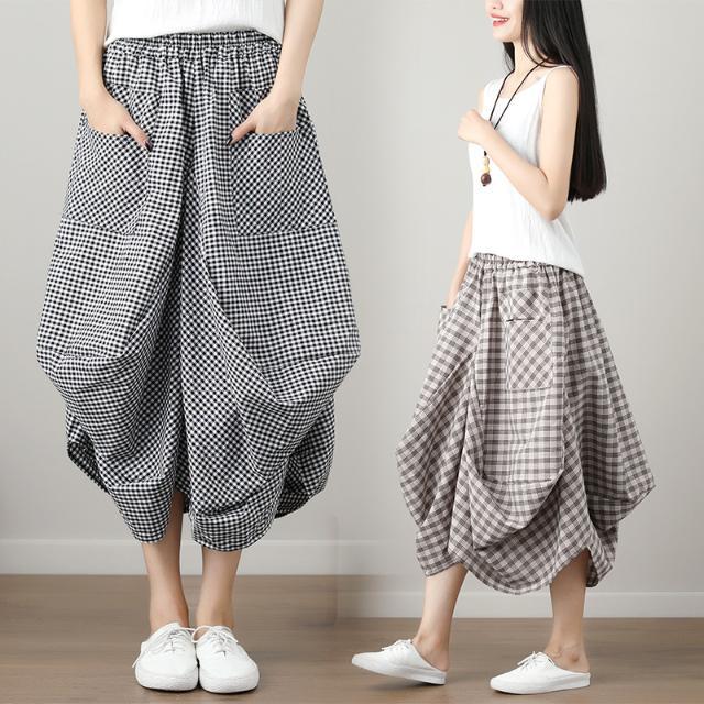 Women's Cotton Linen Loose Large Size Elastic Waist Skirt Summer Irregular Pockets Plaid Lantern Skirts
