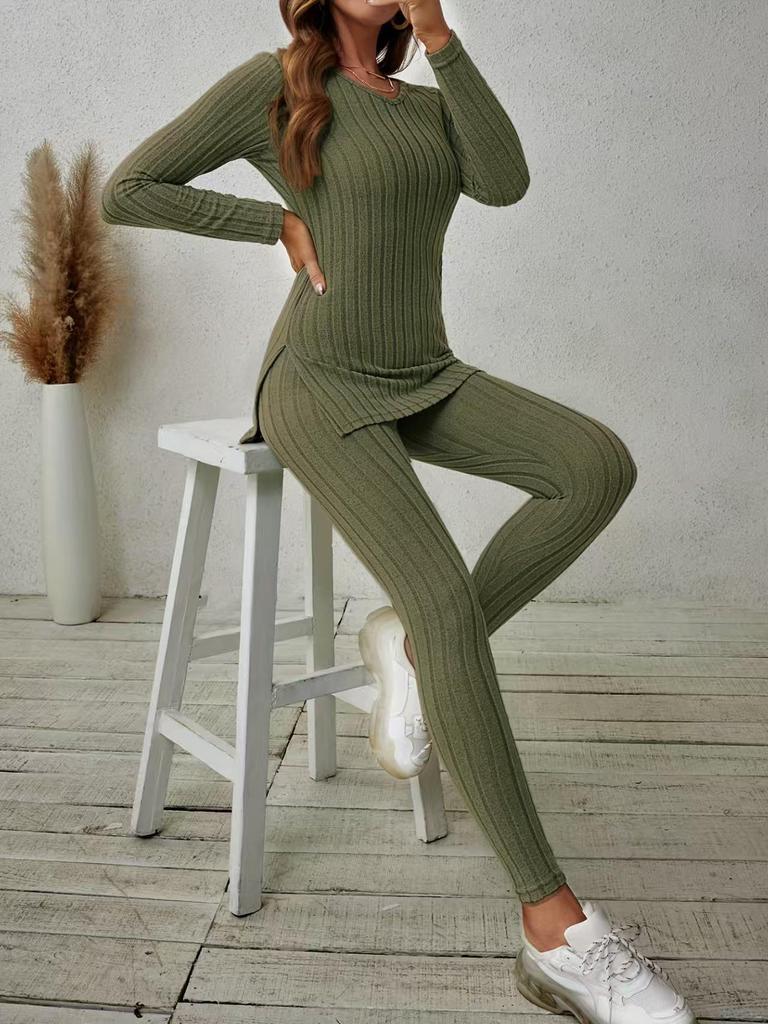 2025 Spring Casual V-Neck Long Sleeve Slit Top & Pants Set