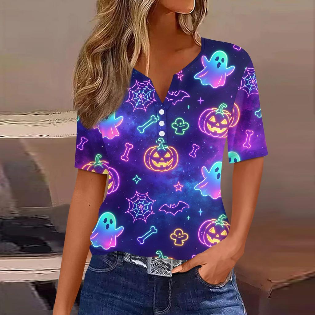 Women Casual Halloween Print V Neck Short Sleeve Button T Shirt Top Lightweight Breathable Soft Fabric Relaxed Fit