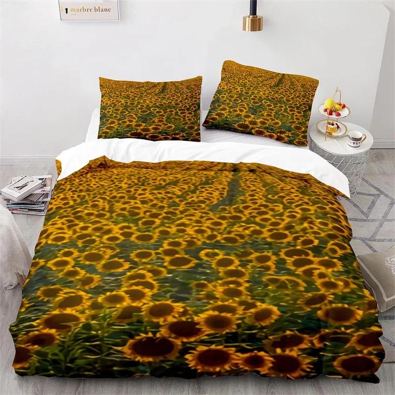 Sunflower Duvet Cover Botanical Floral Leaves Comforter Cover Twin King Size For Girl Women Microfiber Yellow Flower Bedding Set