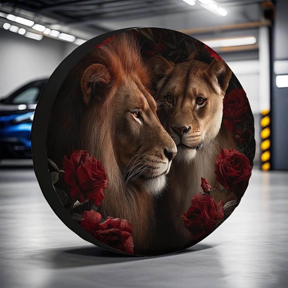 Lion and Lioness Roses Tire Cover Durable Polyester Spare Wheel Protector for SUV