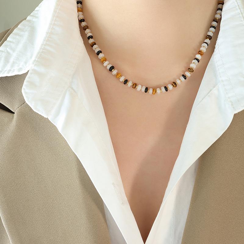 French Zebra Print White Jade & Tiger Eye Bead Necklace with Black Agate Patchwork Design