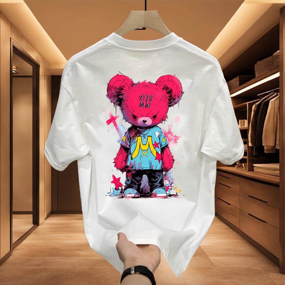 

2025 Summer Cartoon Bear Graphic T-shirt 100% cotton loose y2k casual men s clothes Breathable with all fashion T-shirt S