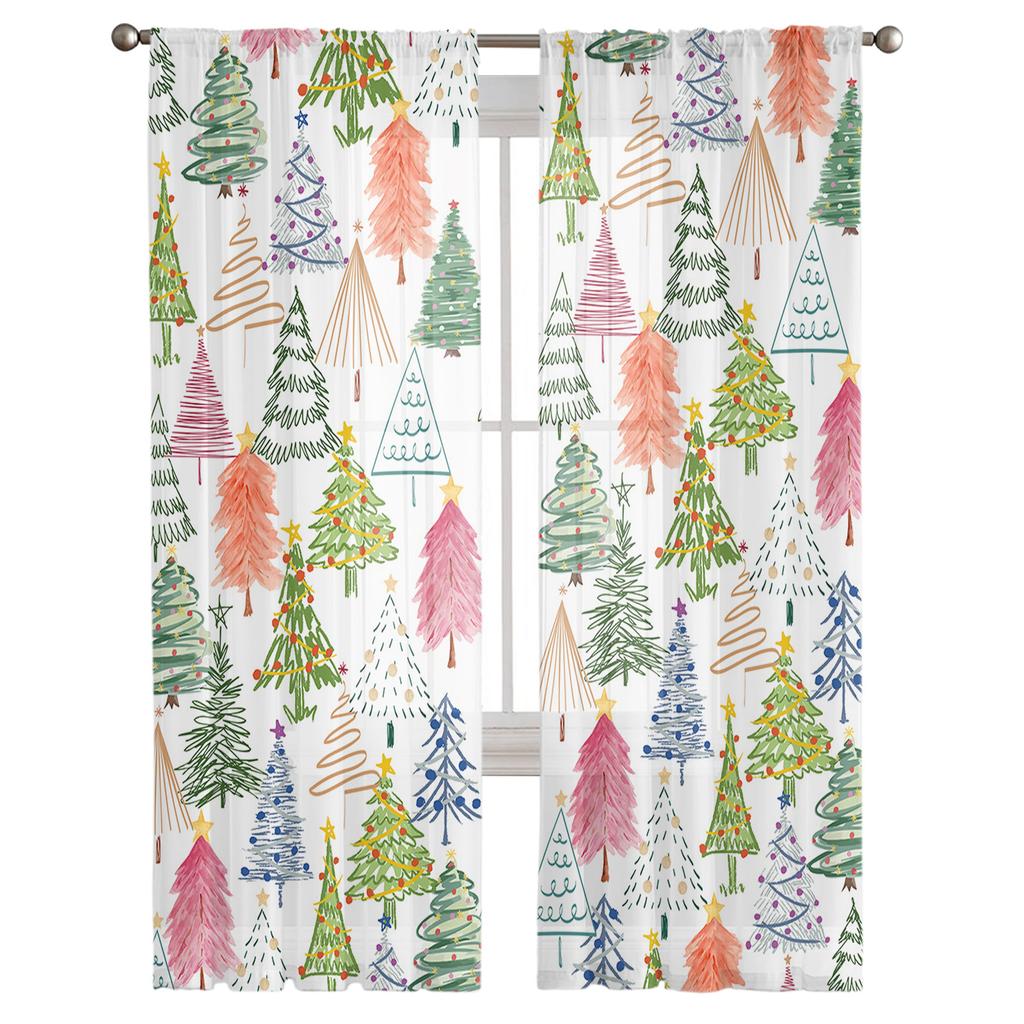 Christmas Tree Bedroom Transparent Sheer Curtains Holiday Decoration Window Voile Tulle Curtain
