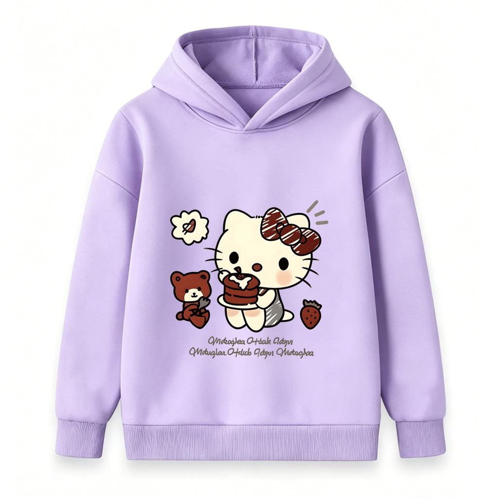 Kids Boys Girls Hooded Pullover Sweatshirt Cute Cartoon Cat Print Chocolate Cake Bear Strawberry Casual Soft Loose Hoodie for Toddlers